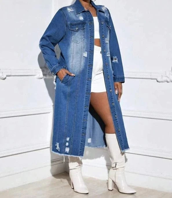 2024 New Winter Ripped Denim Cardigan Coat Turndown Collar Long Jacket Fashion Ladies Long Denim Coat