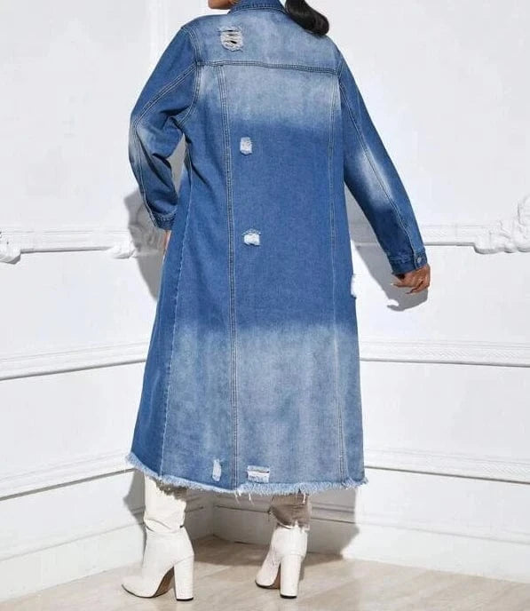 2024 New Winter Ripped Denim Cardigan Coat Turndown Collar Long Jacket Fashion Ladies Long Denim Coat