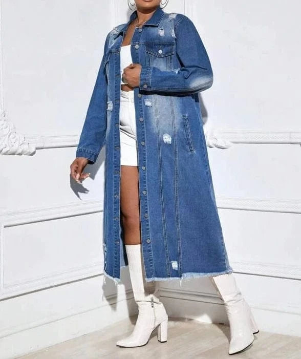 2024 New Winter Ripped Denim Cardigan Coat Turndown Collar Long Jacket Fashion Ladies Long Denim Coat