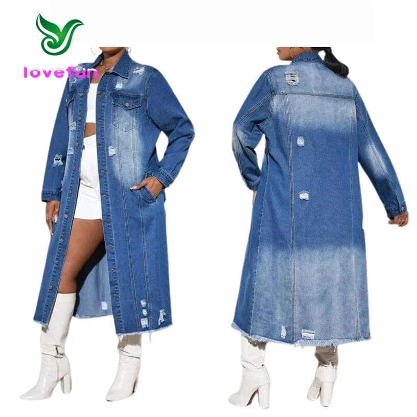 2024 New Winter Ripped Denim Cardigan Coat Turndown Collar Long Jacket Fashion Ladies Long Denim Coat