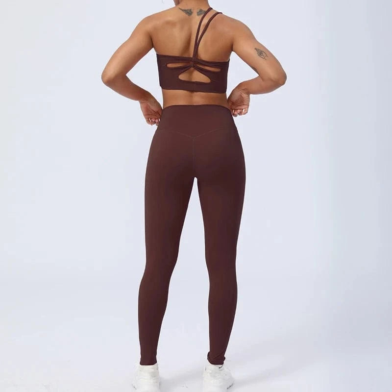 2024 New Women Gym Yoga Set Sexy Breathable Single One Shoulder Yoga Bra And Elastic High Waist V Cut Leggings Gym Fitness Sets