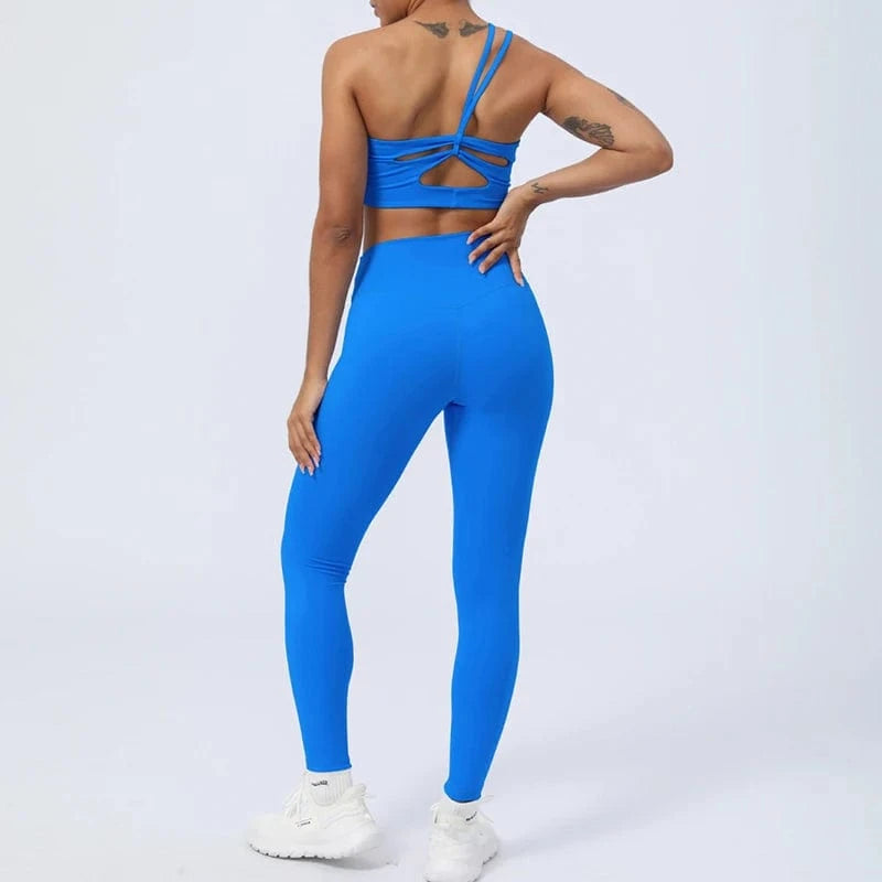 2024 New Women Gym Yoga Set Sexy Breathable Single One Shoulder Yoga Bra And Elastic High Waist V Cut Leggings Gym Fitness Sets