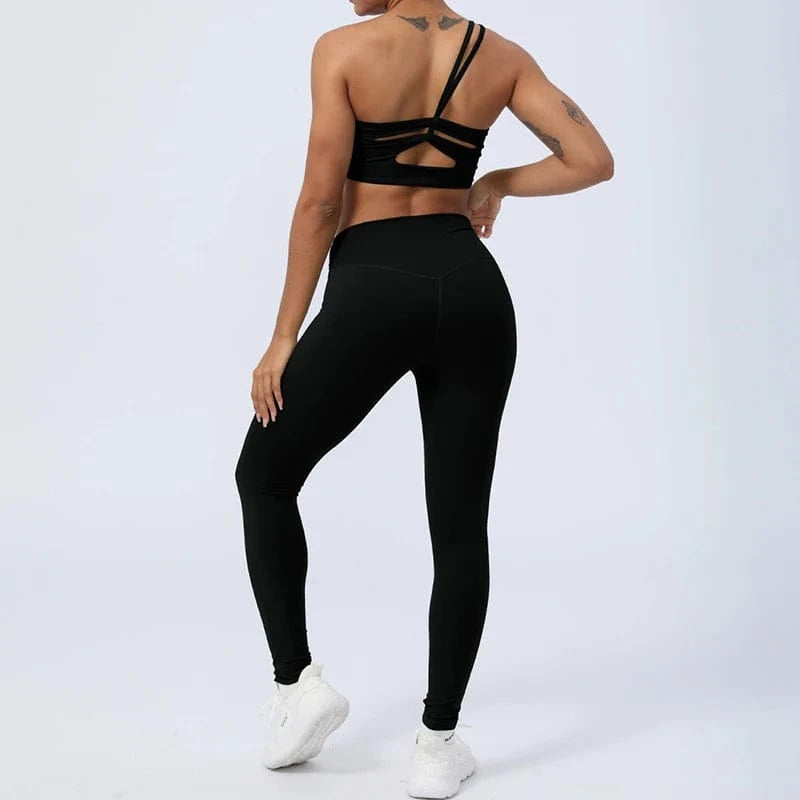 2024 New Women Gym Yoga Set Sexy Breathable Single One Shoulder Yoga Bra And Elastic High Waist V Cut Leggings Gym Fitness Sets