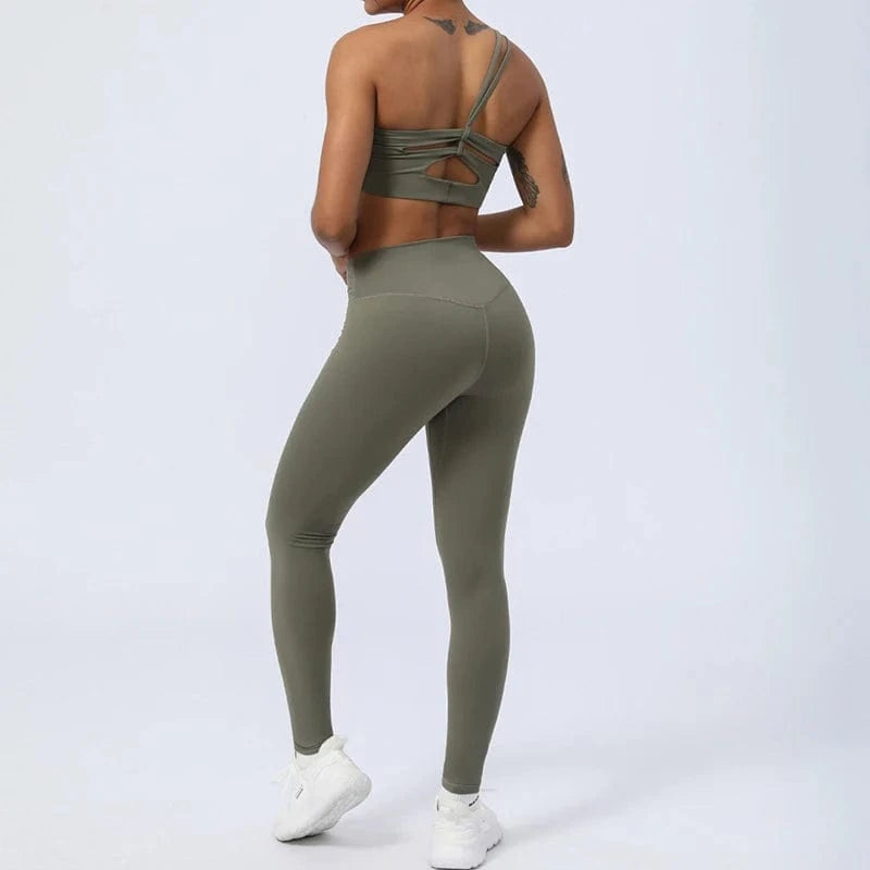 2024 New Women Gym Yoga Set Sexy Breathable Single One Shoulder Yoga Bra And Elastic High Waist V Cut Leggings Gym Fitness Sets