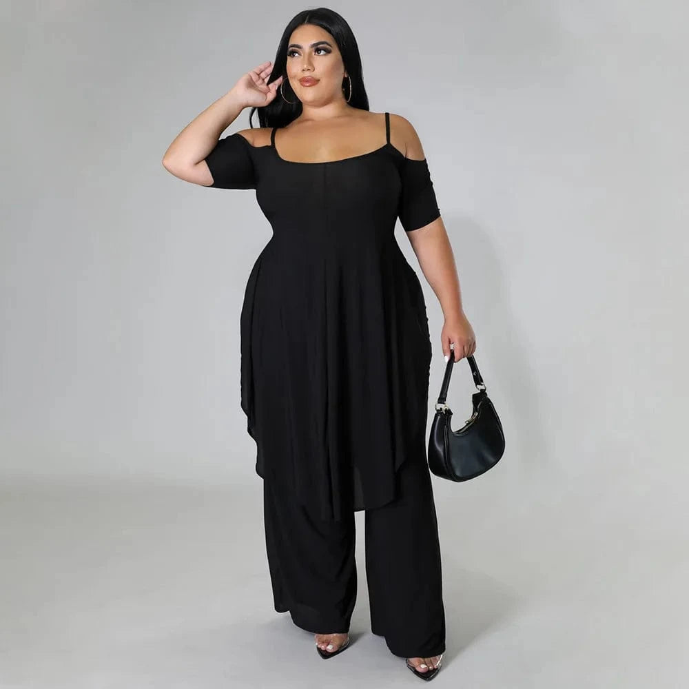 2024 new women plus size women's clothing Solid color sexy halter loose top two piece set