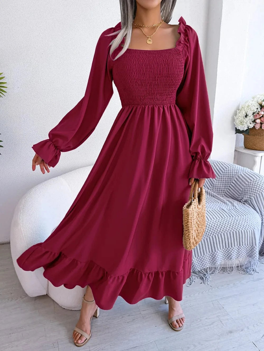 2024 New Women Spring Summer Casual Fashion dresses Solid Color Square Neck Flare Large Swing Ruffles Long Dress