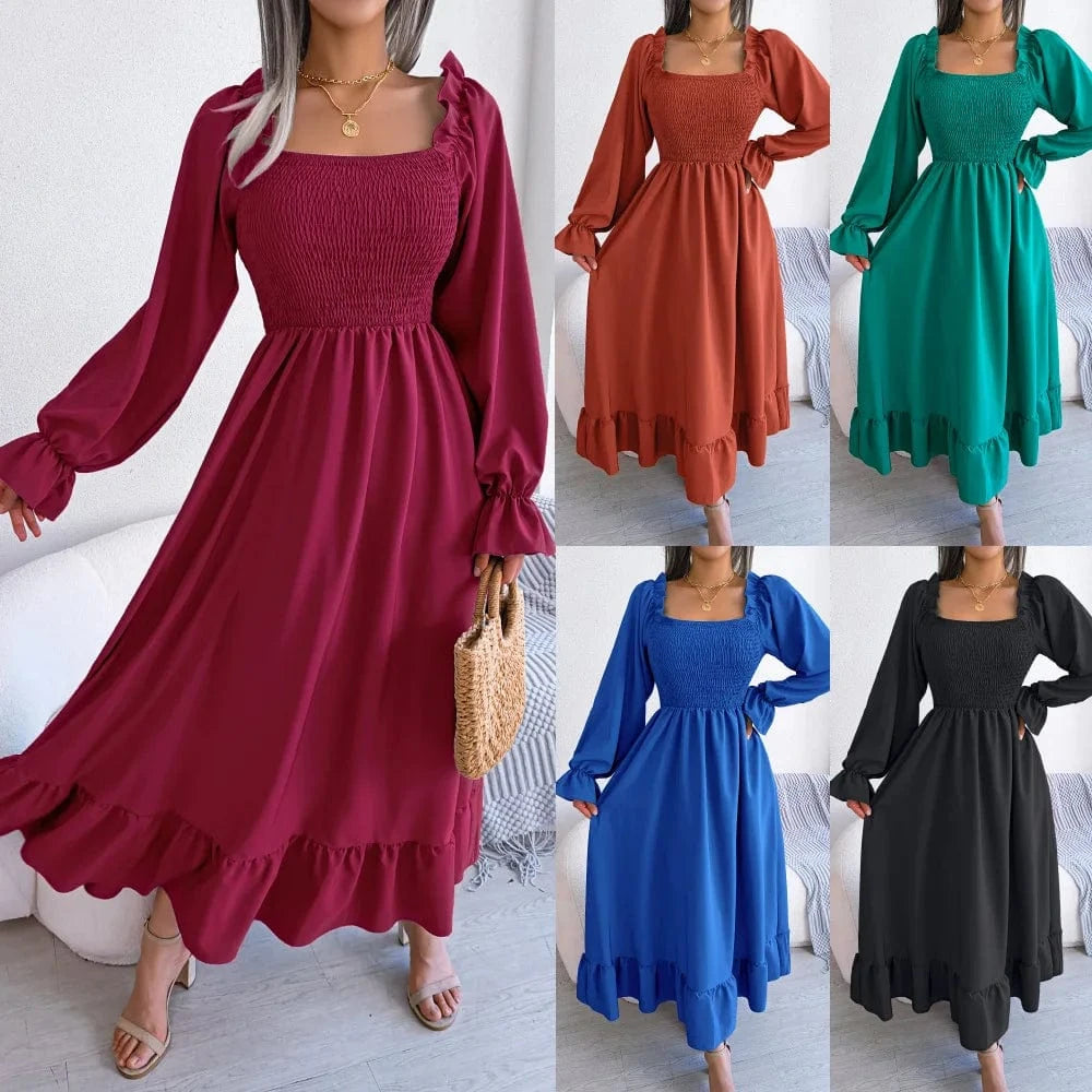 2024 New Women Spring Summer Casual Fashion dresses Solid Color Square Neck Flare Large Swing Ruffles Long Dress