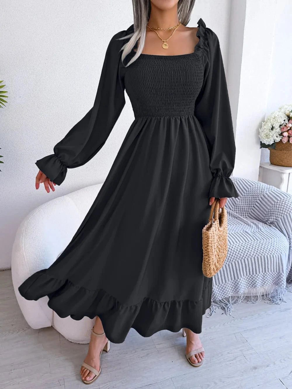 2024 New Women Spring Summer Casual Fashion dresses Solid Color Square Neck Flare Large Swing Ruffles Long Dress