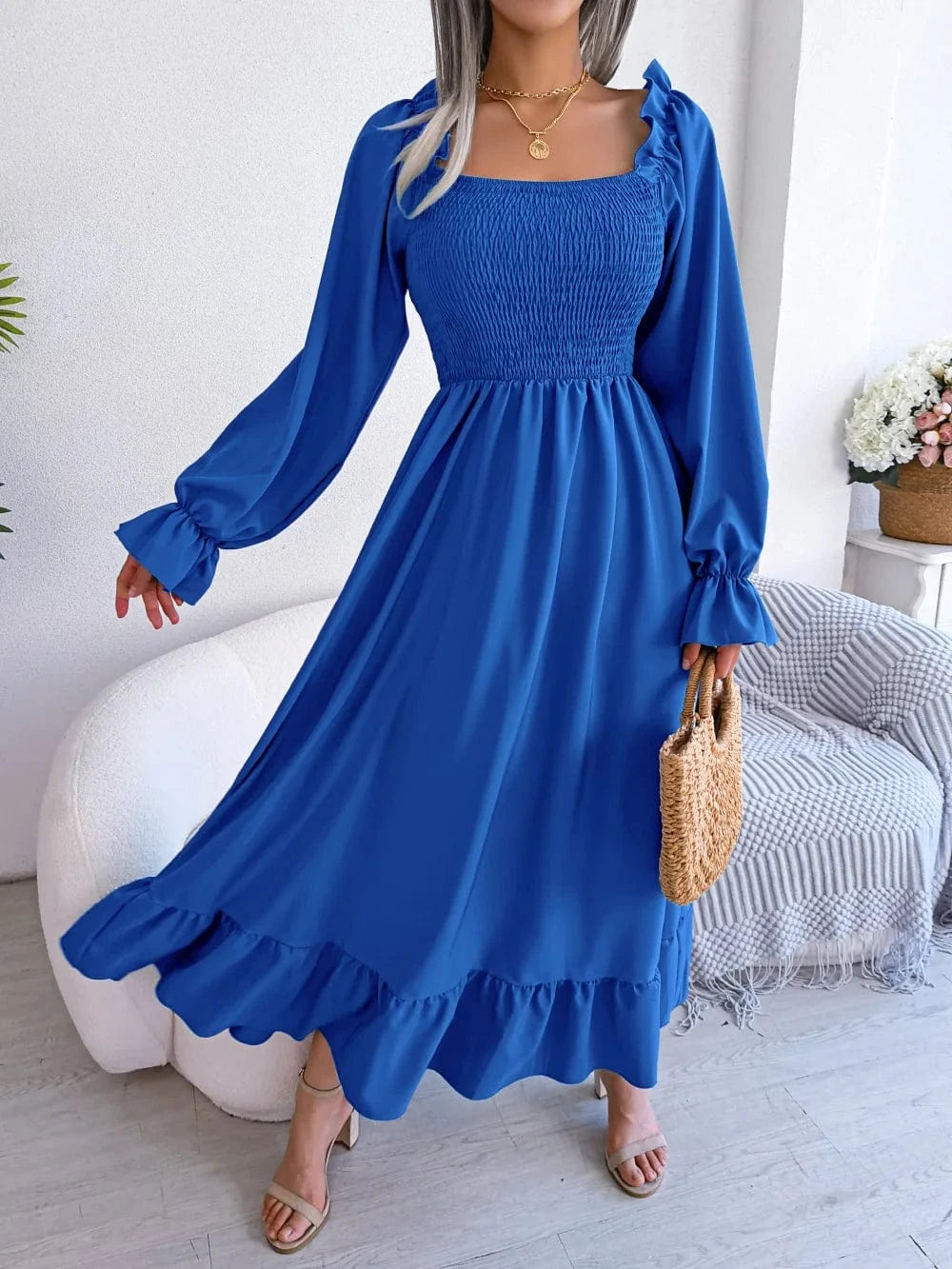 2024 New Women Spring Summer Casual Fashion dresses Solid Color Square Neck Flare Large Swing Ruffles Long Dress