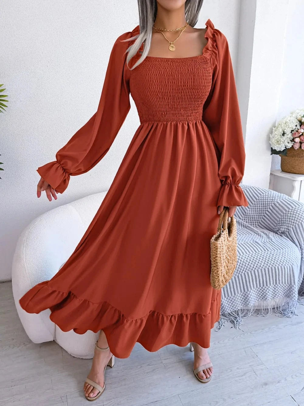 2024 New Women Spring Summer Casual Fashion dresses Solid Color Square Neck Flare Large Swing Ruffles Long Dress