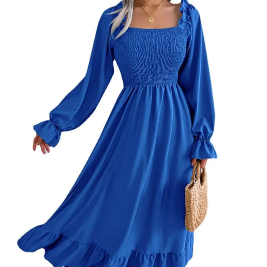 2024 New Women Spring Summer Casual Fashion dresses Solid Color Square Neck Flare Large Swing Ruffles Long Dress