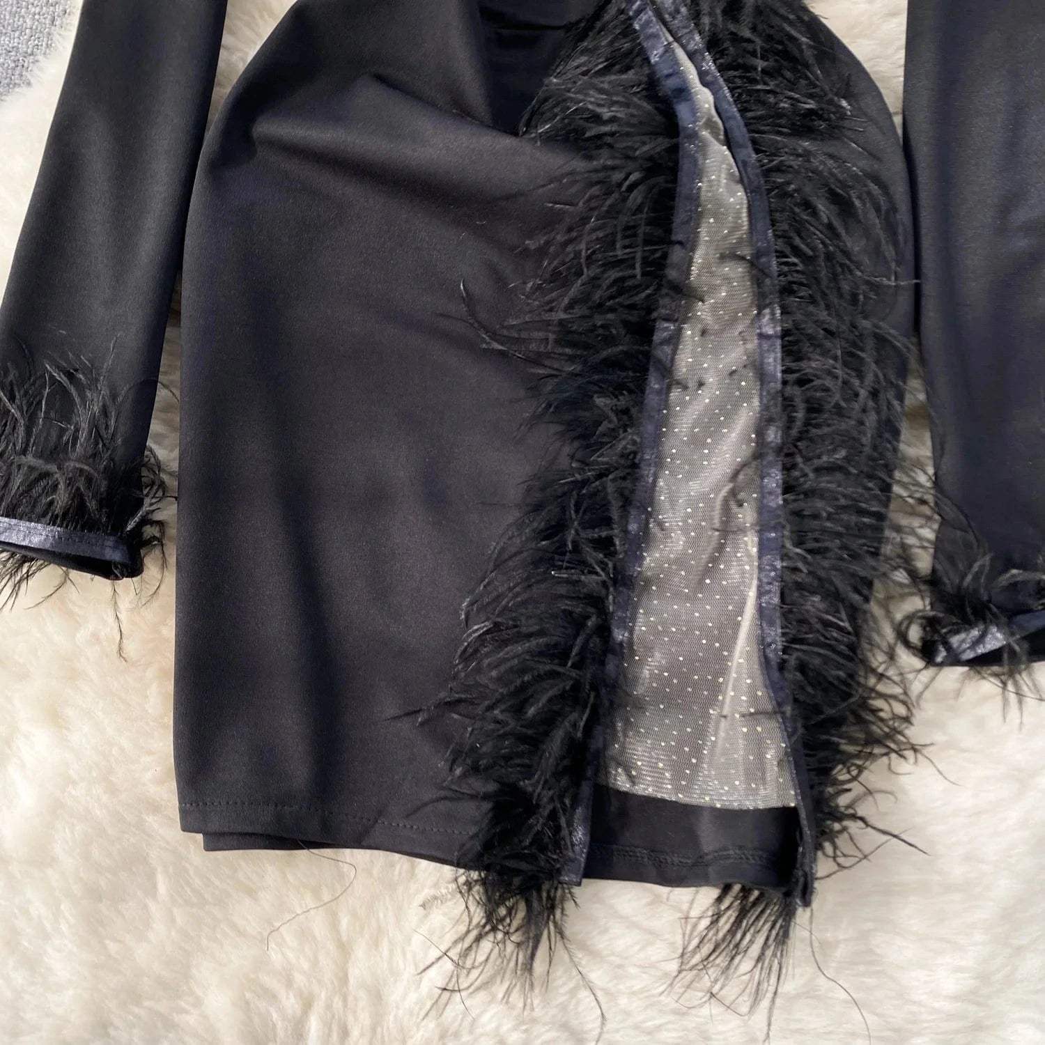 2024 New Womens Sexy Shiny Mesh Feather Patchwork Bodycon Mini Dress For Club Party