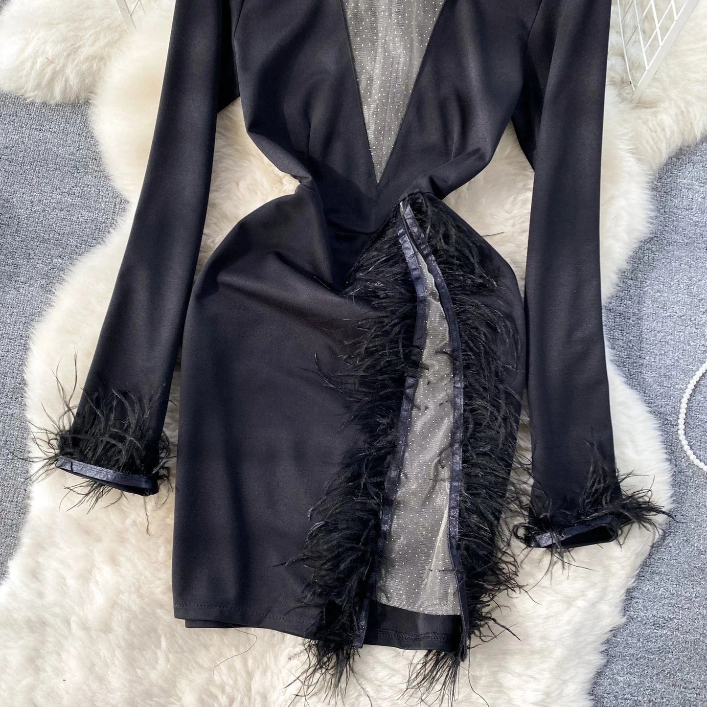 2024 New Womens Sexy Shiny Mesh Feather Patchwork Bodycon Mini Dress For Club Party