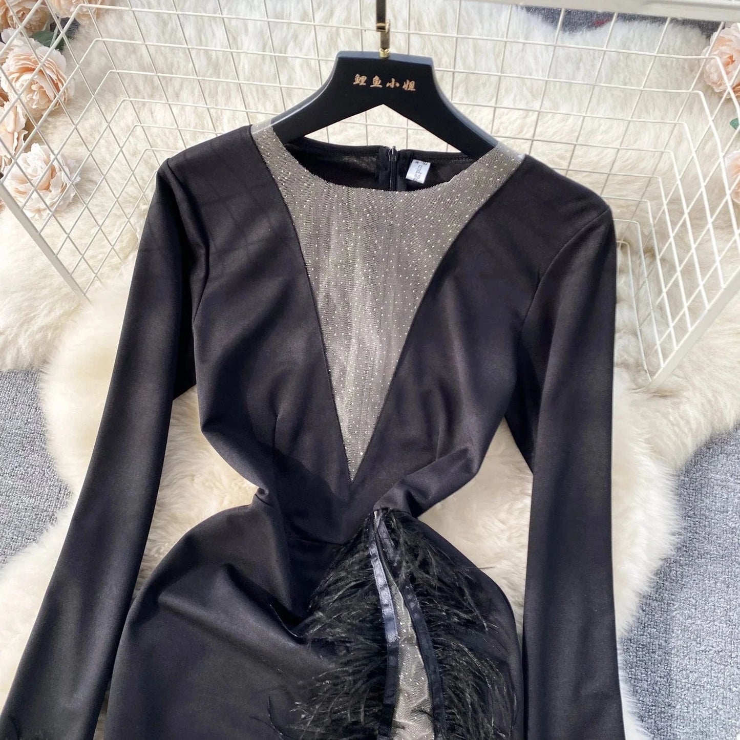 2024 New Womens Sexy Shiny Mesh Feather Patchwork Bodycon Mini Dress For Club Party