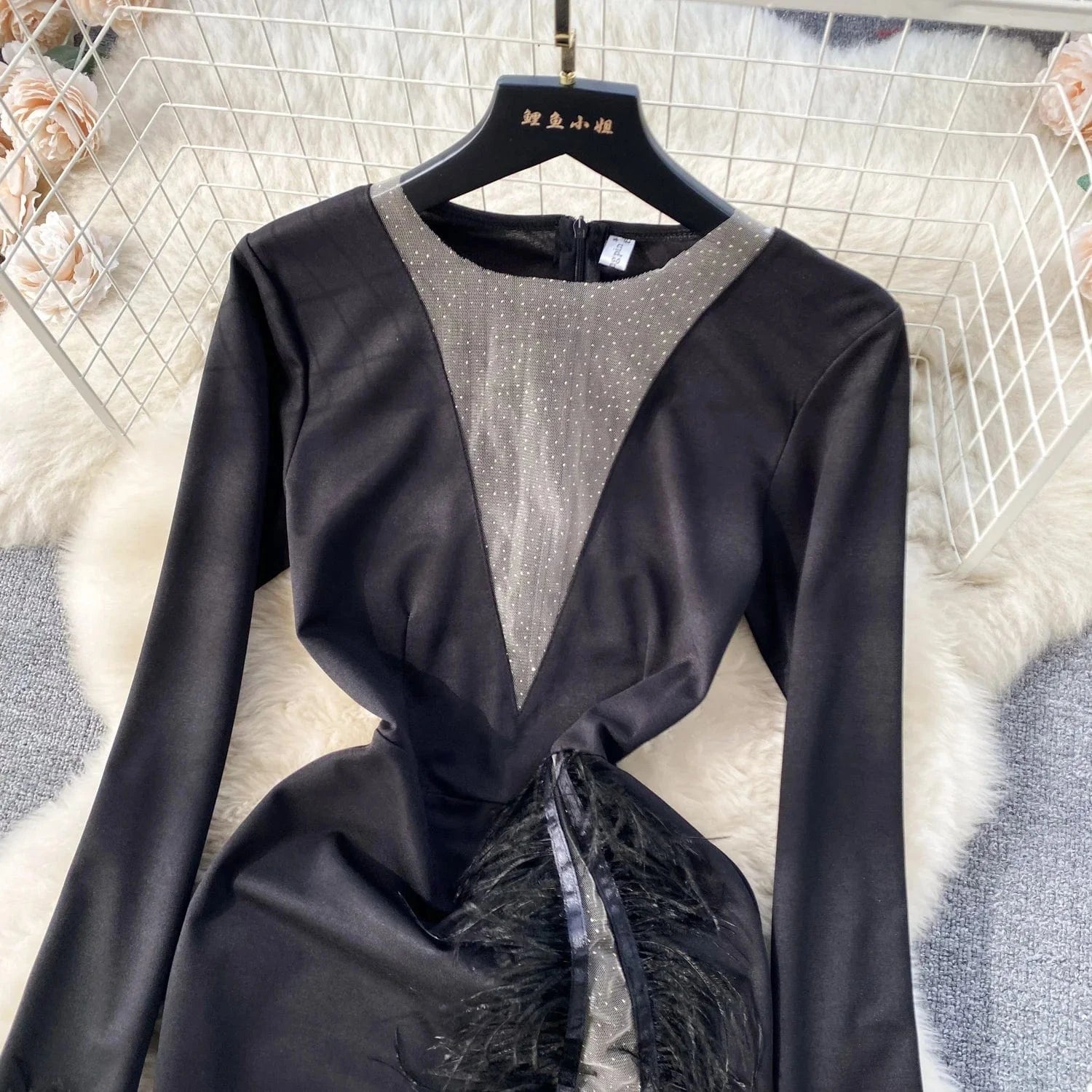 2024 New Womens Sexy Shiny Mesh Feather Patchwork Bodycon Mini Dress For Club Party