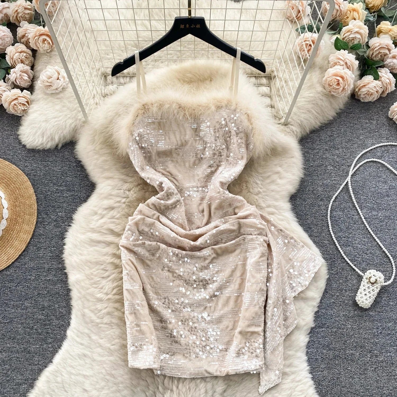 2024 New Year Dress Stitching Sequins Sexy Skirt Base Strap Dress