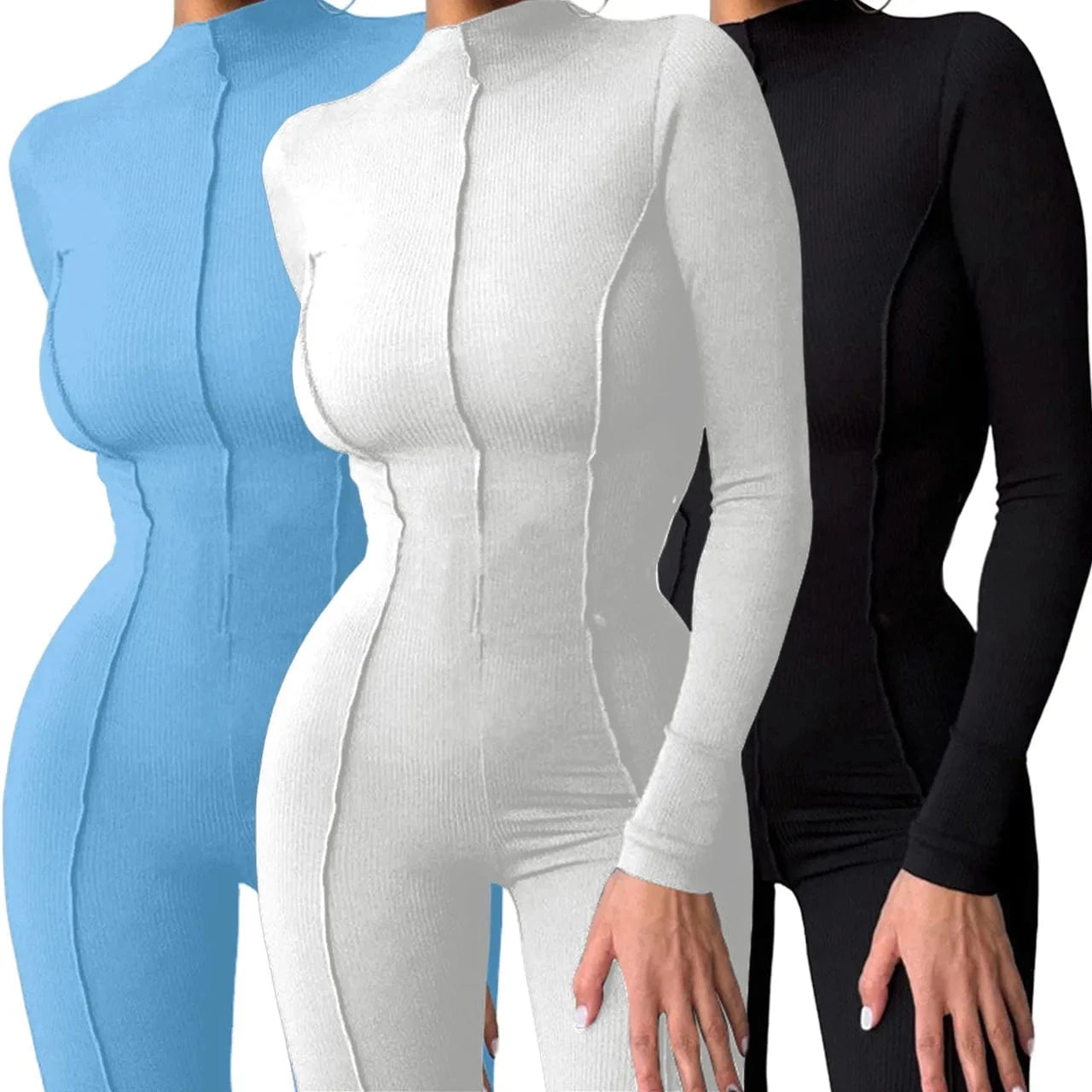 2024 New Year  Spring Solid Women's Outfits Half High Collar Long Sleeve Skinny Leggings Lady Fashion Casual sport  Jumpsuits