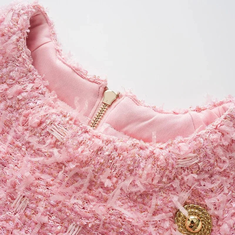 2024 Newest Spring Summer Lady Elegant Style Pink Short Sleeve O-neckline Women Slim Fitted Knit Mini Tassel Dress