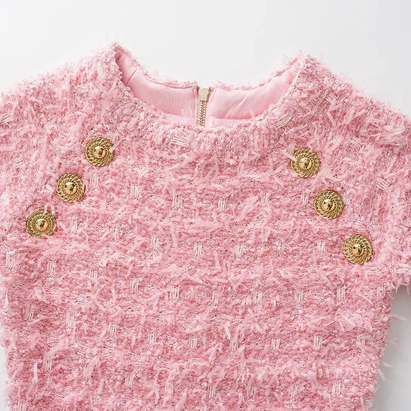 2024 Newest Spring Summer Lady Elegant Style Pink Short Sleeve O-neckline Women Slim Fitted Knit Mini Tassel Dress