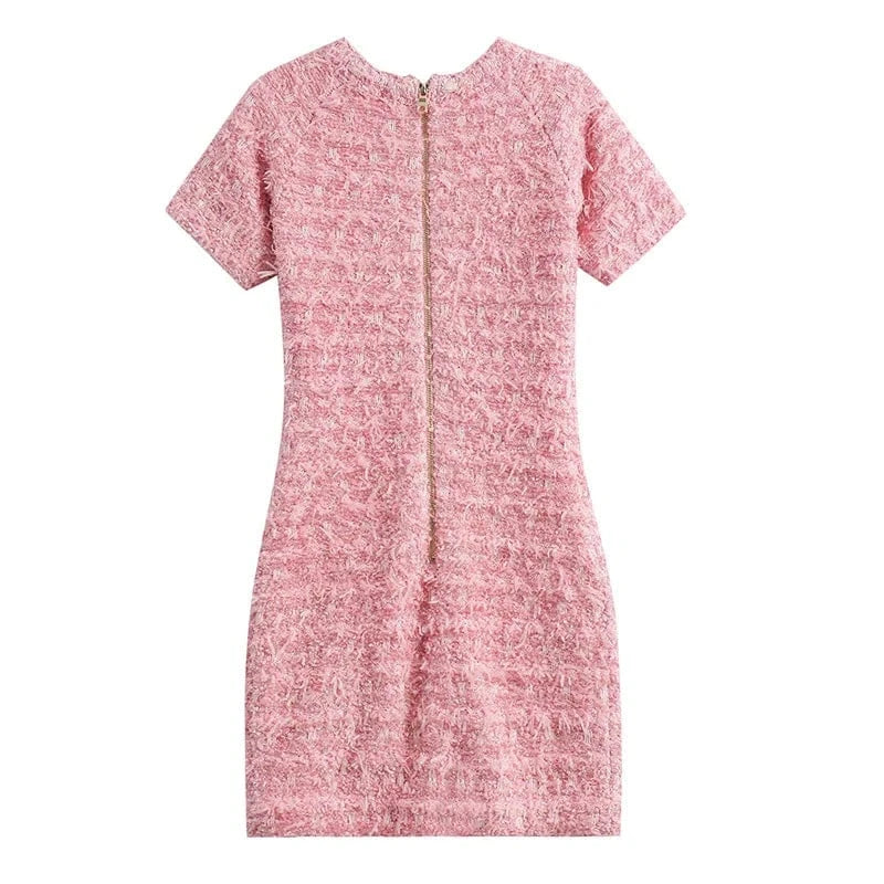 2024 Newest Spring Summer Lady Elegant Style Pink Short Sleeve O-neckline Women Slim Fitted Knit Mini Tassel Dress