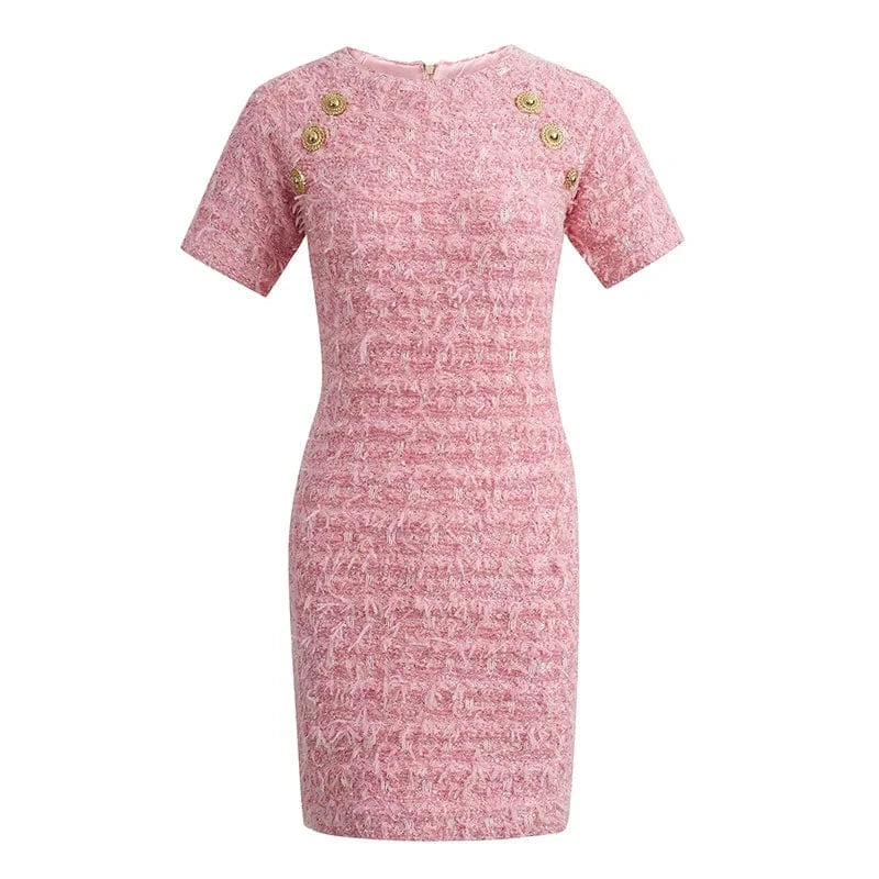 2024 Newest Spring Summer Lady Elegant Style Pink Short Sleeve O-neckline Women Slim Fitted Knit Mini Tassel Dress