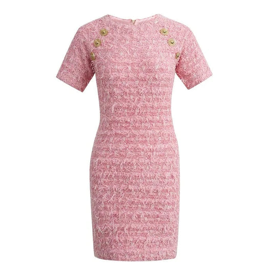 2024 Newest Spring Summer Lady Elegant Style Pink Short Sleeve O-neckline Women Slim Fitted Knit Mini Tassel Dress