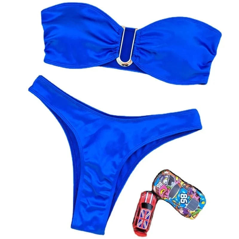 2024 Nwt U Ring Low Cut Bandeau Swimwear Bikini Sets High Cut Strapless Swimsuit Summer Beach Bahing Suit
