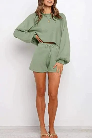 2024 OEM Casual Long Sleeve Solid Color Knit Pullover Sweatsuit 2 Piece Short Sweater Outfits Sets plain sweat suit