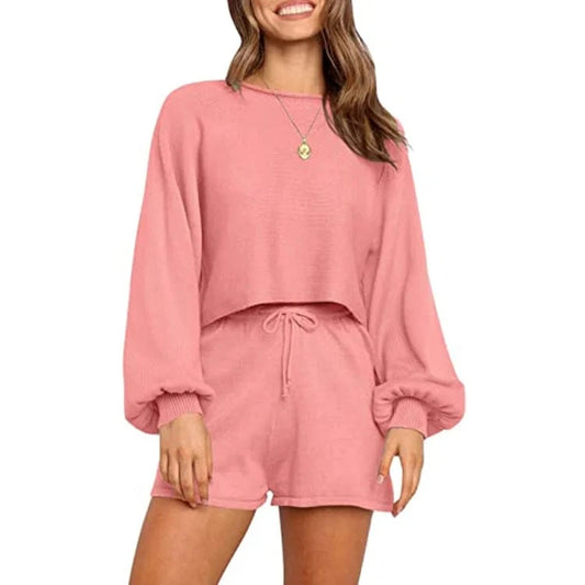 2024 OEM Casual Long Sleeve Solid Color Knit Pullover Sweatsuit 2 Piece Short Sweater Outfits Sets plain sweat suit