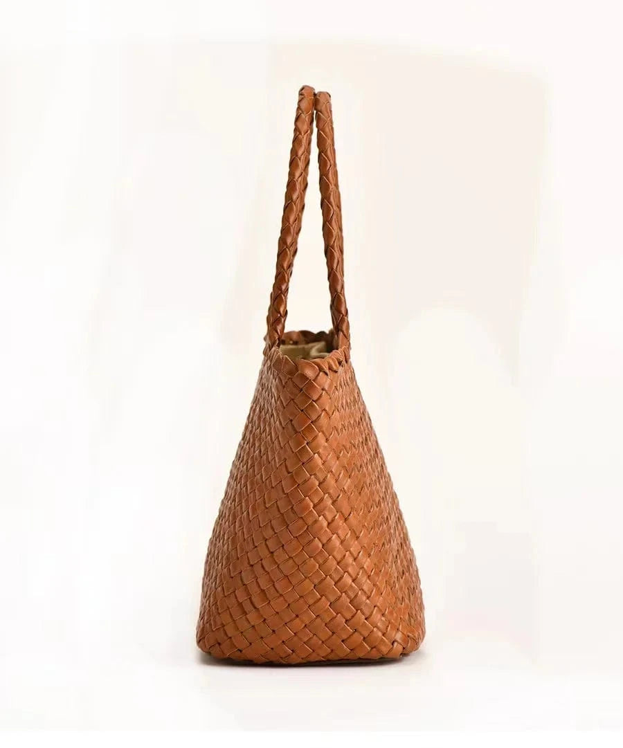 2024 Original New Head Layer Cowhide Woven Vegetable Basket Bag Retro Genuine Leather Handmade Handbags Fashion Mother Pack