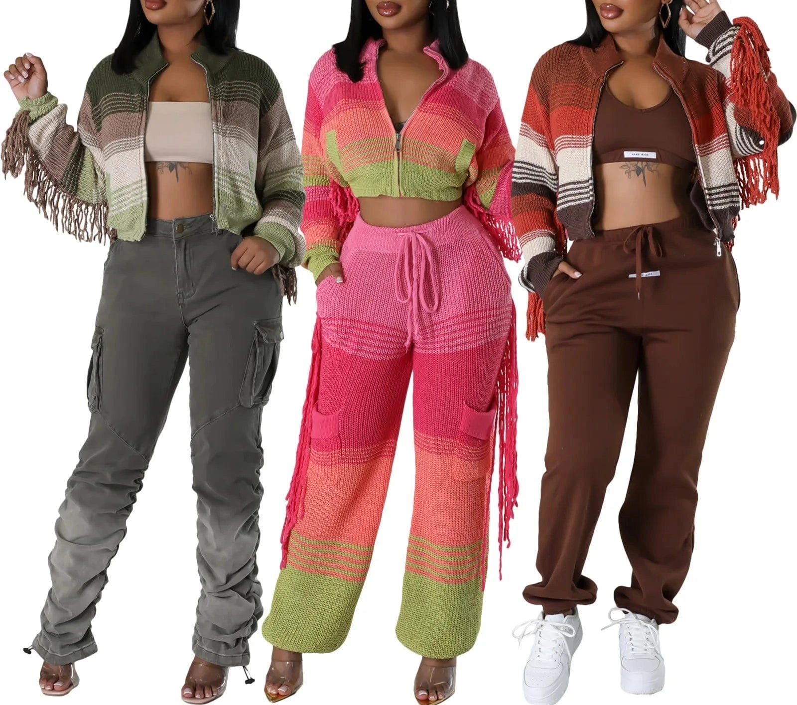 2024 Patchwork Knitted Tassel Sets Hand Crochet Women High Waist Pockets Fringed Casual Loose Sweater 2 Piece Set