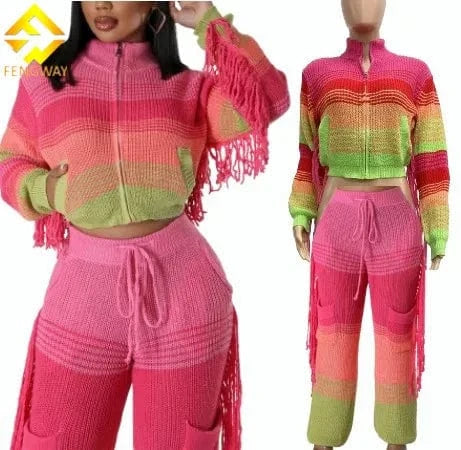 2024 Patchwork Knitted Tassel Sets Hand Crochet Women High Waist Pockets Fringed Casual Loose Sweater 2 Piece Set