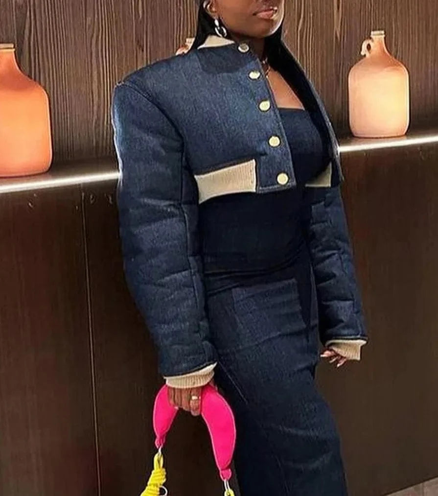 2024 Patchwork Long Sleeve Single Breasted Winter Thick Warm Puffer Jacket  Cotton-Padded  Bubble Coats For Women