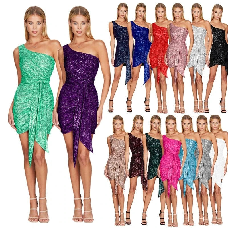 2024 plus size women ladies birthday red SEXY mini sequin one shoulder short wedding evening party dress dance gown with sequin