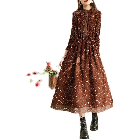 2024 Print Floral Patchwork Vintage Autumn Dress Draw String Office Lady Outdoor Work Dress Fashion Women Casual Spring Dress
