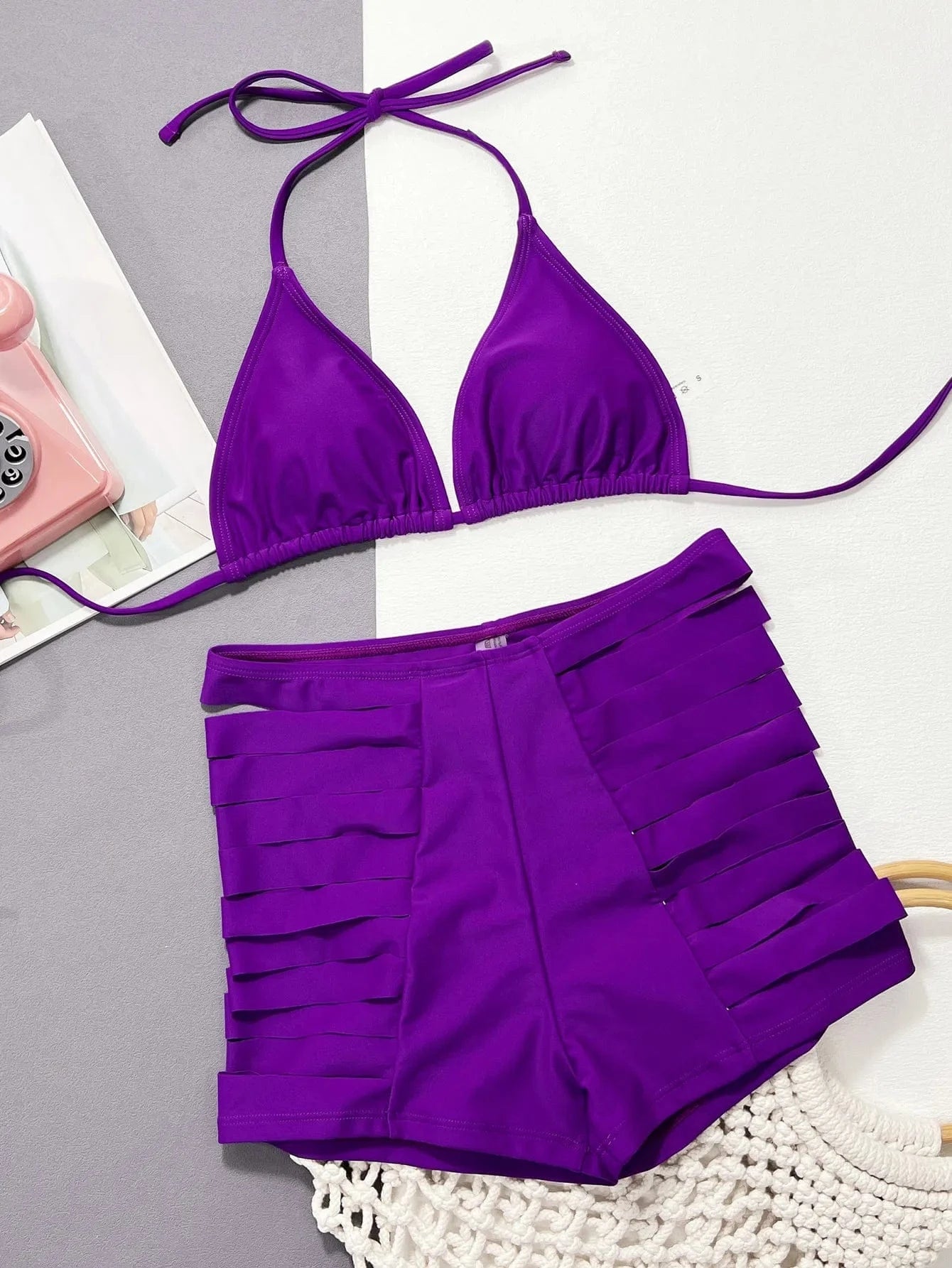2024 Purple Bikini Two Piece Swim Wear Hollow Out Swimsuit Women High Waisted Bikini Tummy Control Bathing Suit V Neck Swimwear
