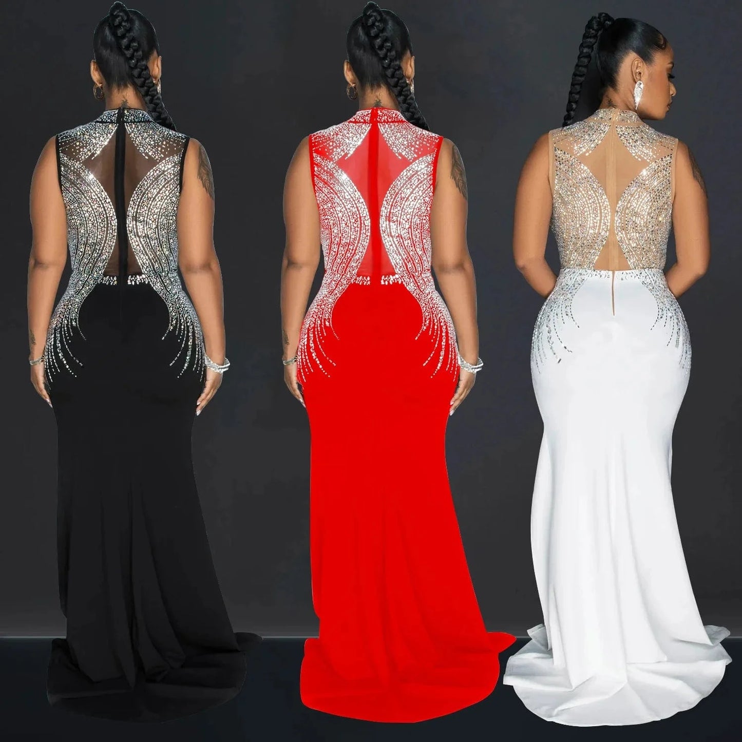 2024 Rhinestone Bodycon Slit Sleeveless Elegant Floor Length Wedding Evening Party Dress Women