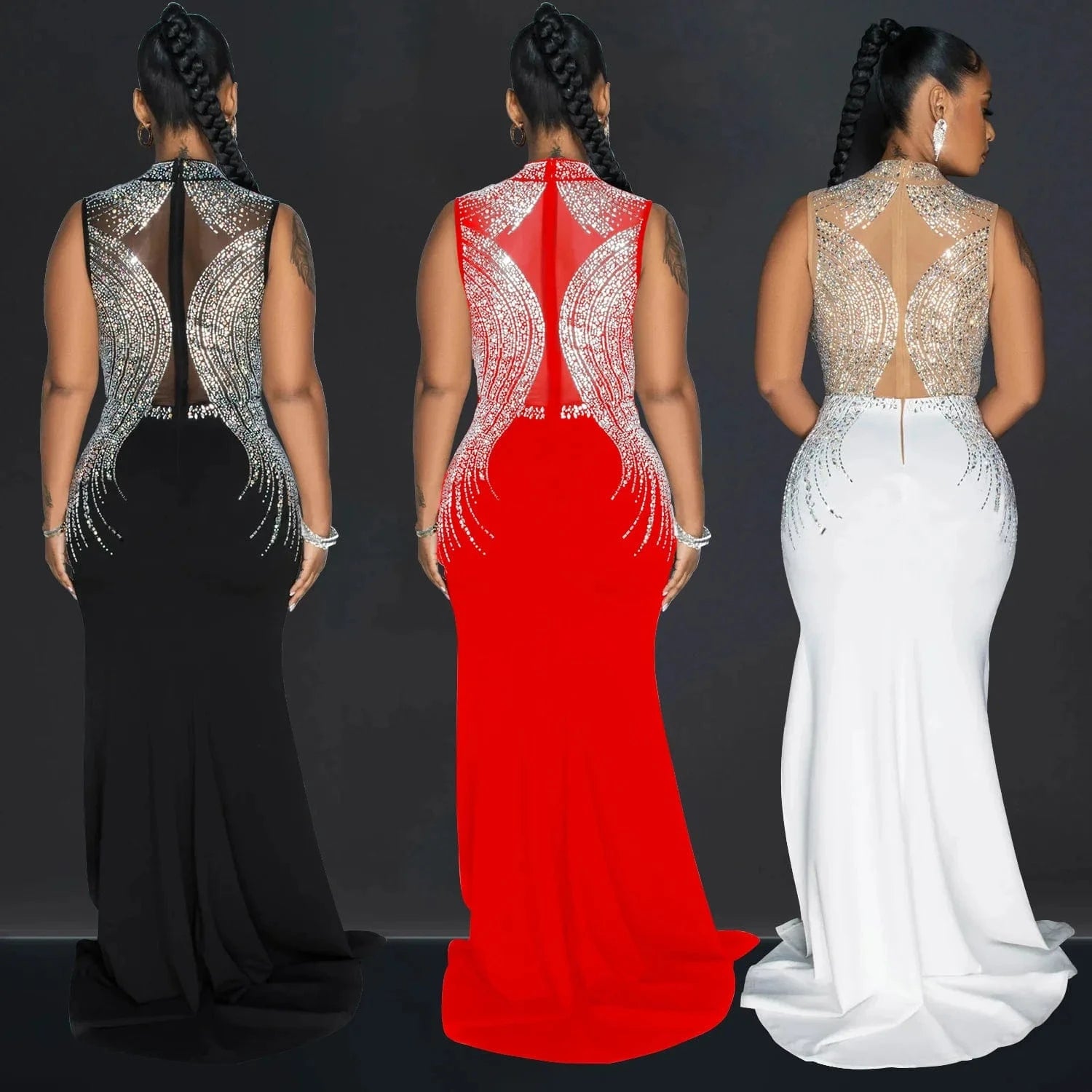2024 Rhinestone Bodycon Slit Sleeveless Elegant Floor Length Wedding Evening Party Dress Women