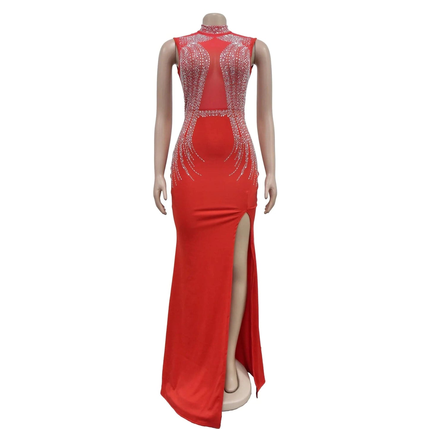 2024 Rhinestone Bodycon Slit Sleeveless Elegant Floor Length Wedding Evening Party Dress Women