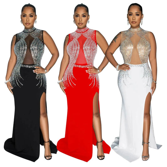 2024 Rhinestone Bodycon Slit Sleeveless Elegant Floor Length Wedding Evening Party Dress Women