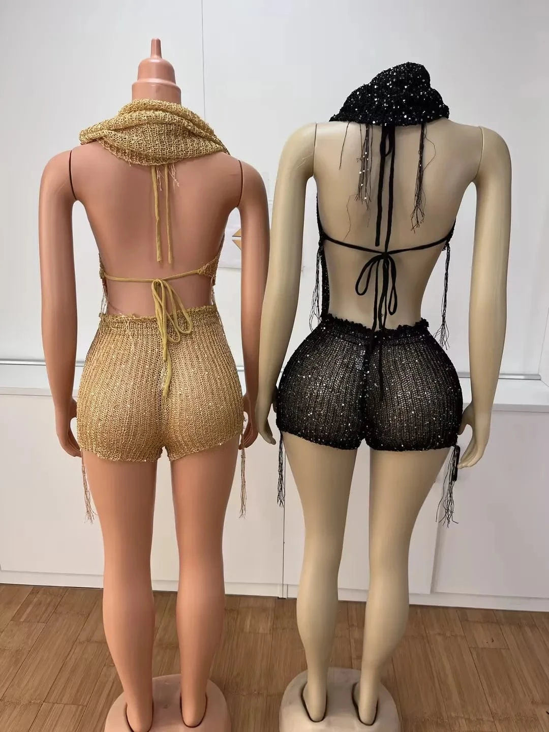 2024 Sequins Knitted 3 Piece Set Hats + Lace Up Halter Backless Irregular Vests Top + Shorts Fashion Sexy Club Suit