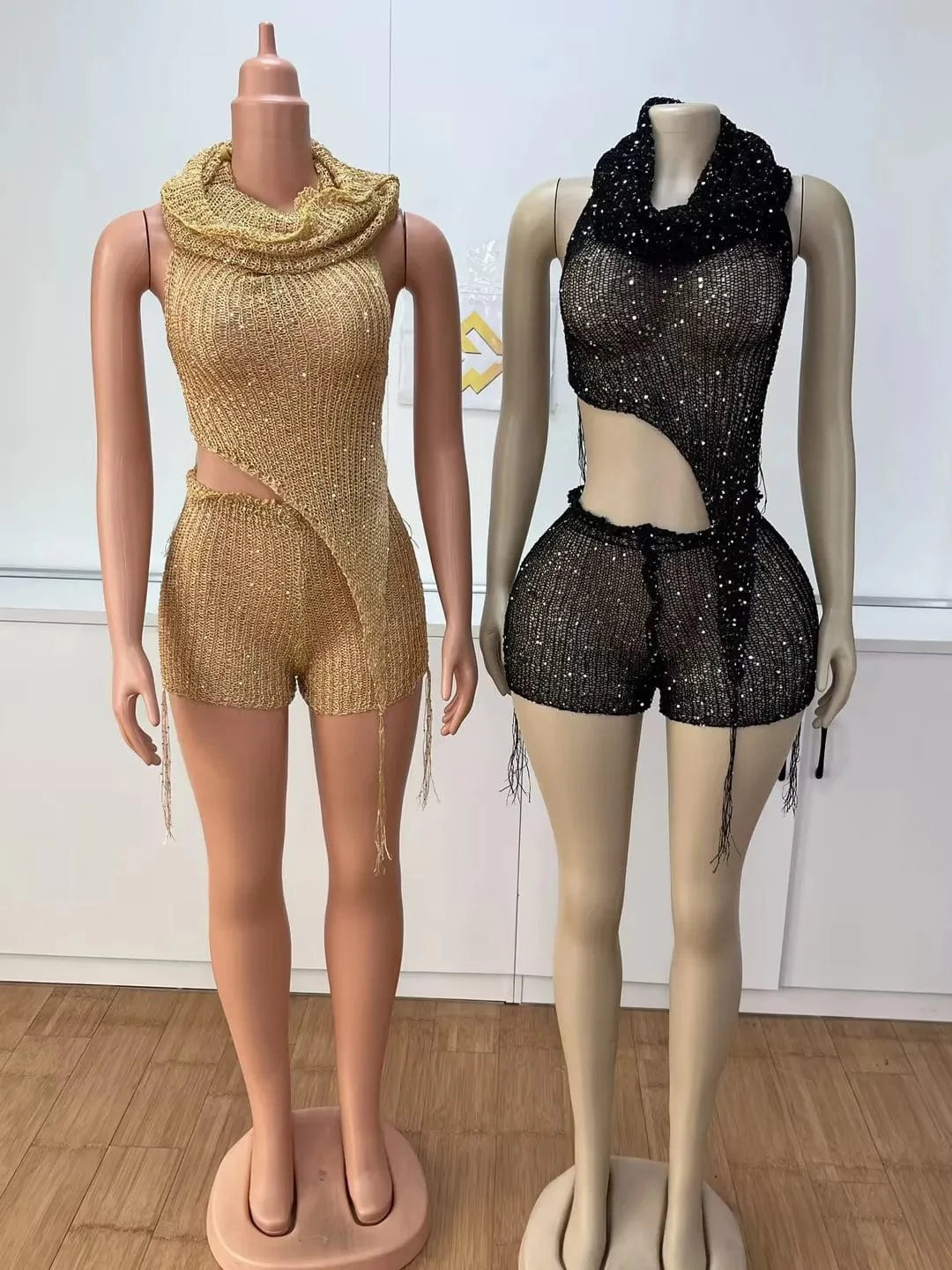 2024 Sequins Knitted 3 Piece Set Hats + Lace Up Halter Backless Irregular Vests Top + Shorts Fashion Sexy Club Suit
