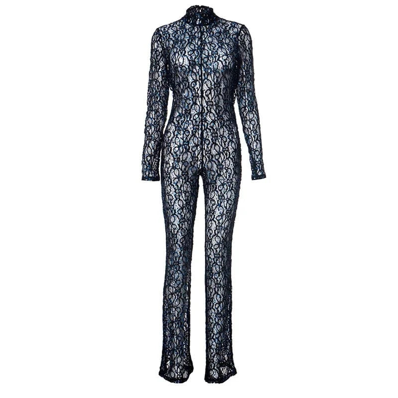 2024 Sexy Backless Long Sleeve Jumpsuits Women One Piece Club Party Patchwork Jumpsuit Ladies Lace Jumpsuit