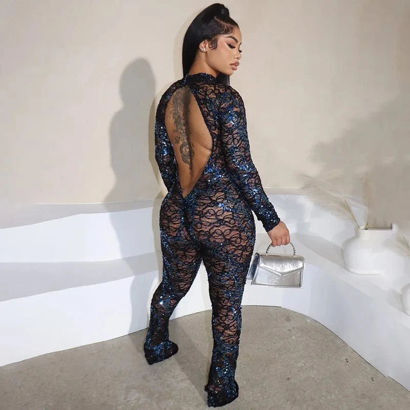 2024 Sexy Backless Long Sleeve Jumpsuits Women One Piece Club Party Patchwork Jumpsuit Ladies Lace Jumpsuit