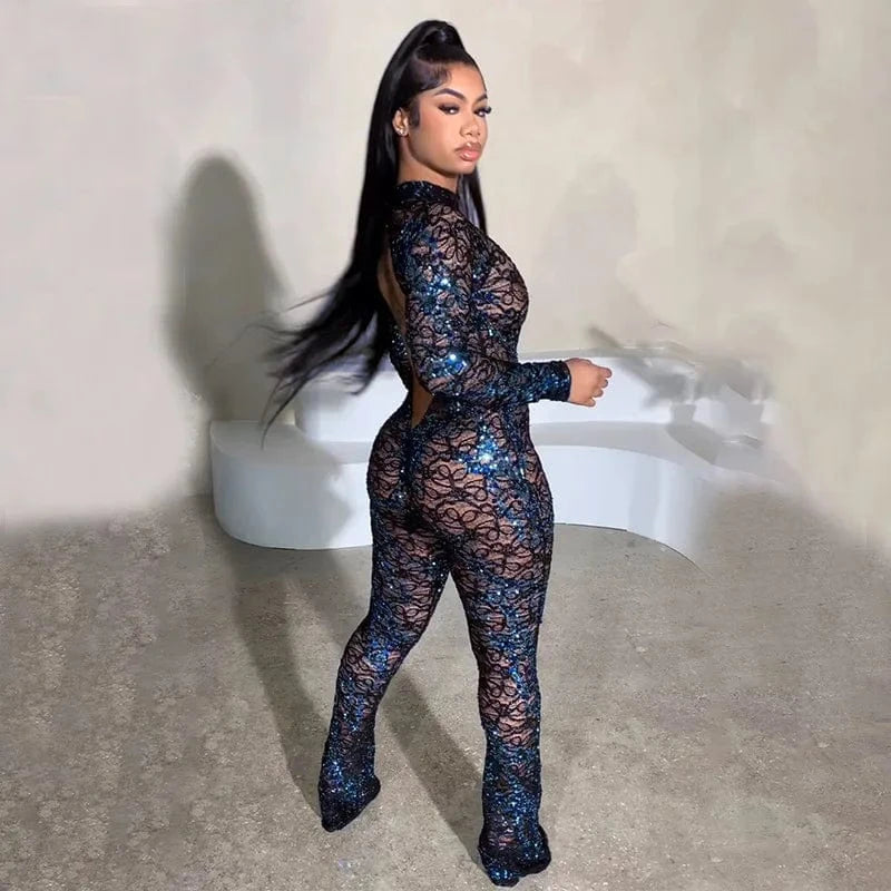 2024 Sexy Backless Long Sleeve Jumpsuits Women One Piece Club Party Patchwork Jumpsuit Ladies Lace Jumpsuit