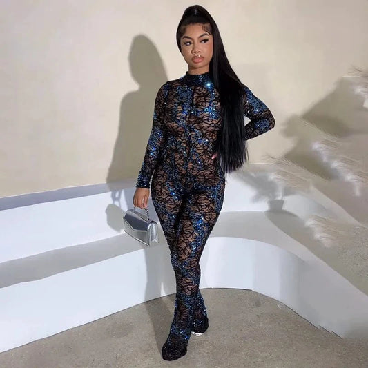 2024 Sexy Backless Long Sleeve Jumpsuits Women One Piece Club Party Patchwork Jumpsuit Ladies Lace Jumpsuit