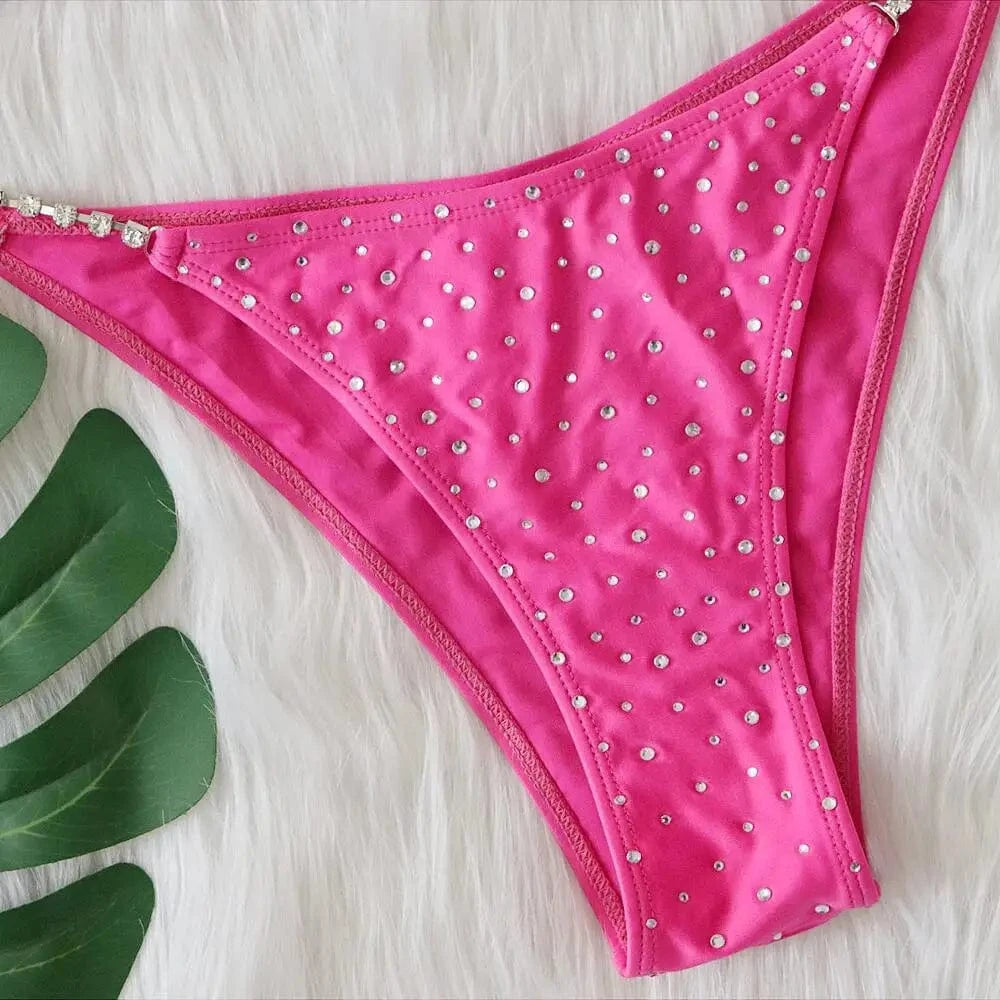 2024 Sexy Bikinis Swimwear With Rhinestones Solid Color Swimsuit Female Push Up Bikini Beach Swimming Bathing Suit Women Bather