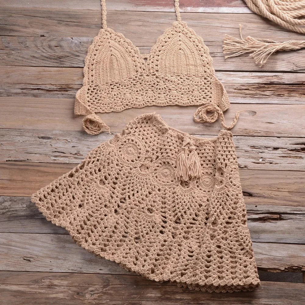 2024 Sexy Crochet Bikini Swimwear Women Two Piece Swimwear Cover Up Swim Skirt Bathing Hollow Out Swimsuit