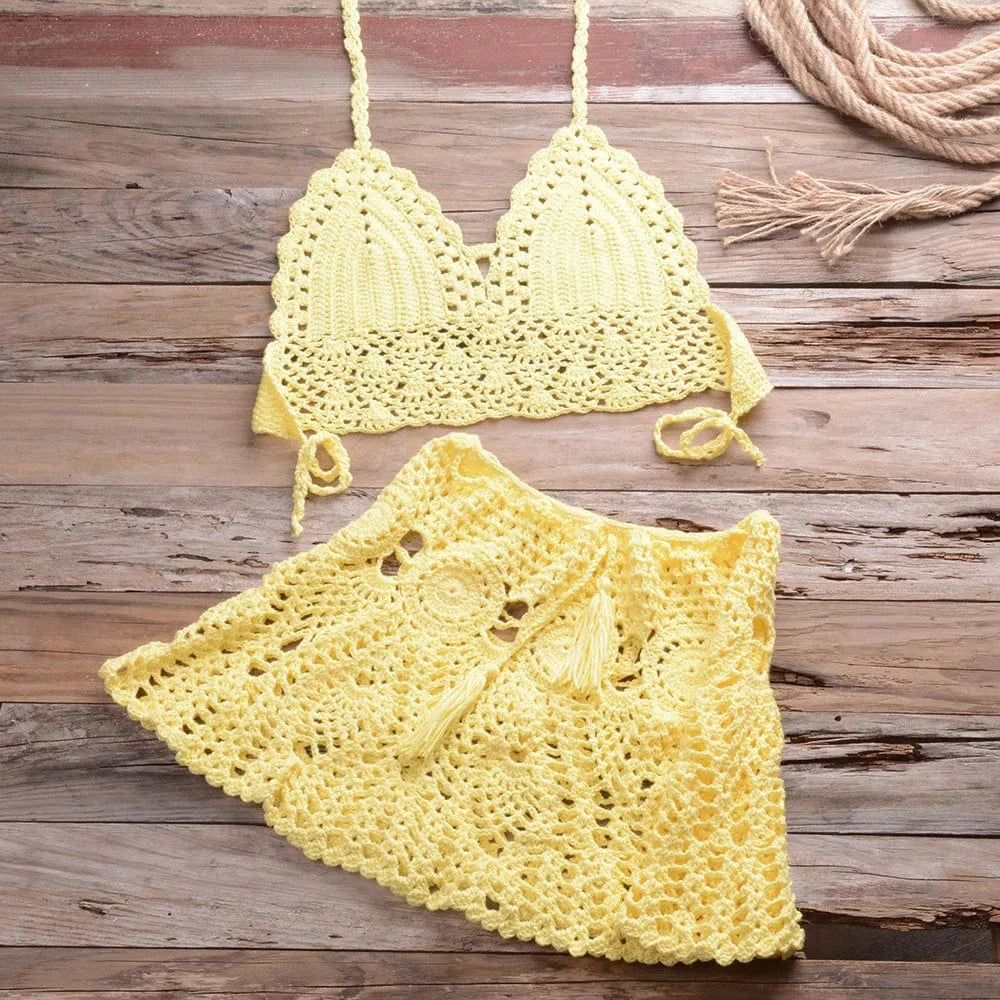 2024 Sexy Crochet Bikini Swimwear Women Two Piece Swimwear Cover Up Swim Skirt Bathing Hollow Out Swimsuit