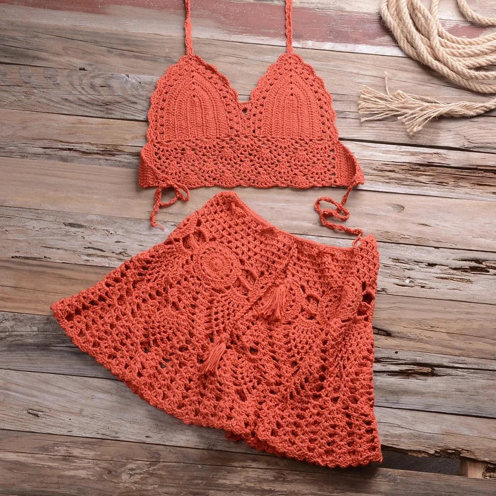 2024 Sexy Crochet Bikini Swimwear Women Two Piece Swimwear Cover Up Swim Skirt Bathing Hollow Out Swimsuit